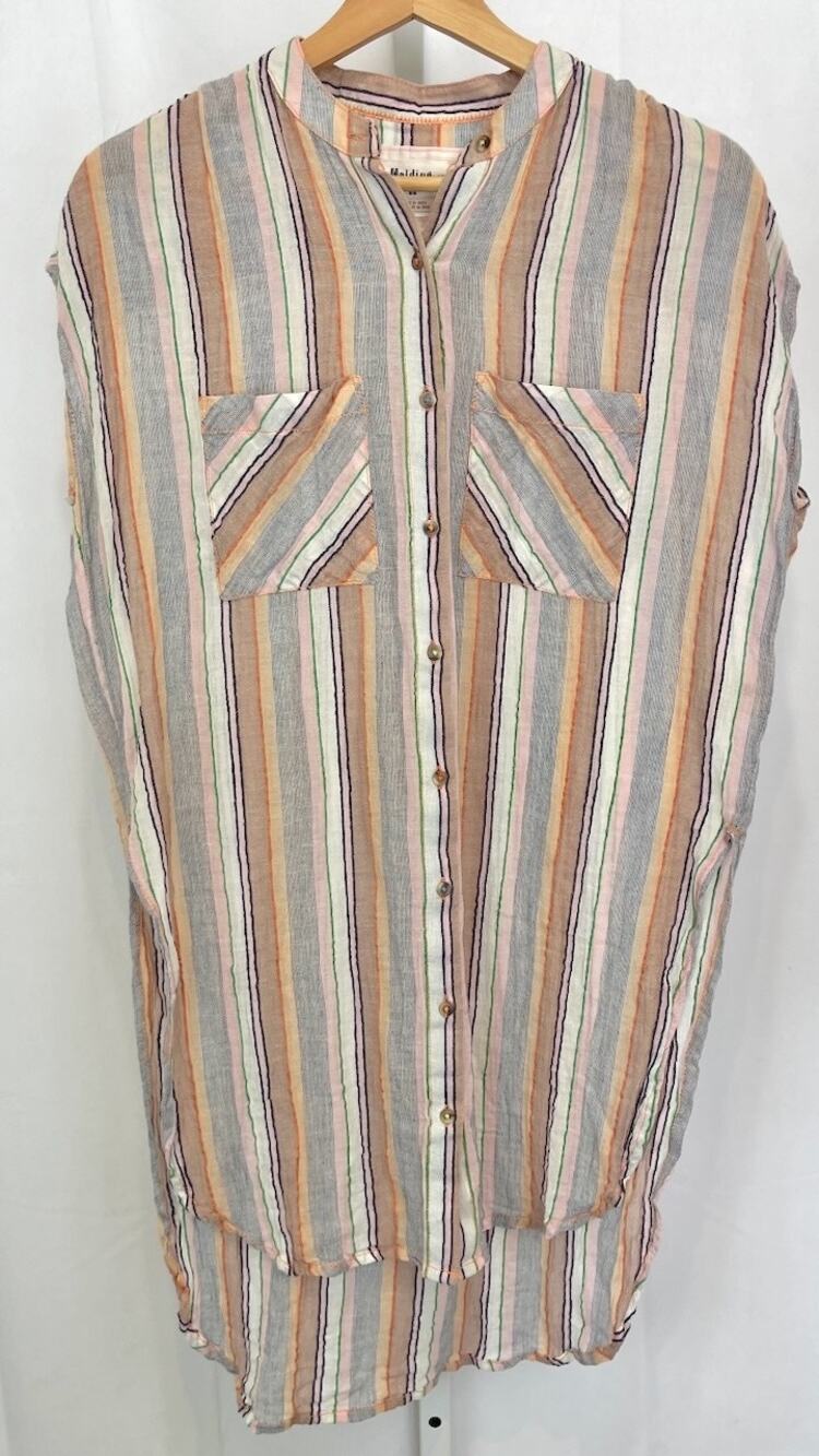 HOLDING HORSES Anthropologie Merida Stripe Tunic Top Button Up High Low Multi XS